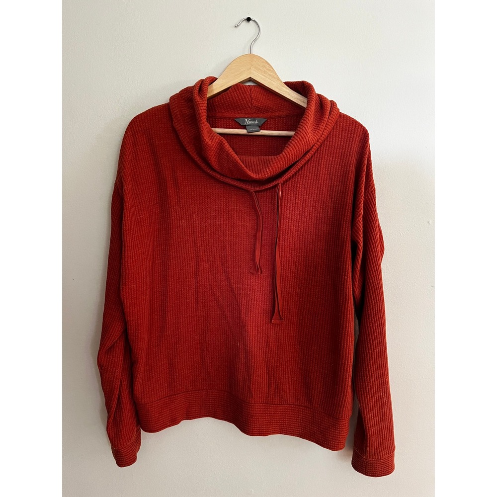 J. Jill Naturals Burnt Orange Waffle Knit Cowl Neck Drawstring Pullover Sweater